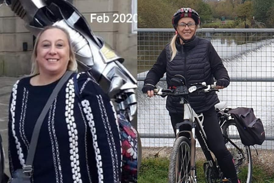 Claire before her weight loss and after on her bike