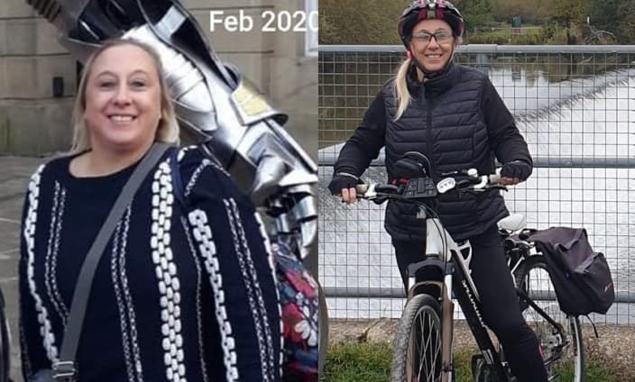 Claire before her weight loss and after on her bike